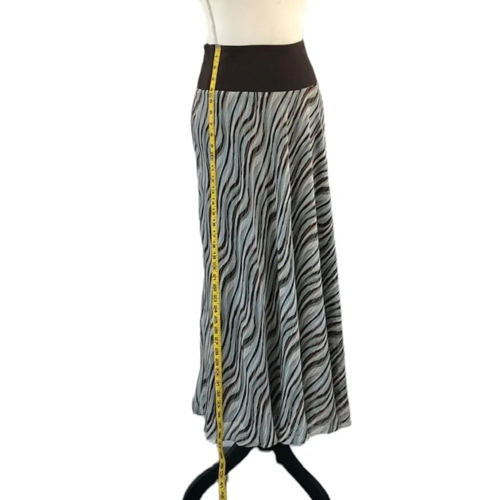 Jones New York Women’s Drop Waist Aqua Brown White & Gold Silk Maxi Skirt Size L